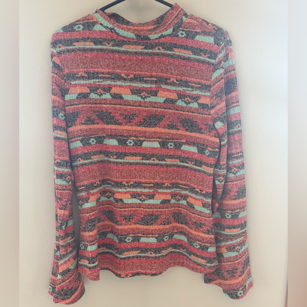 Wrangler Multicolor Aztec-Pattern Long Sleeve Top - Coral, Teal, Black